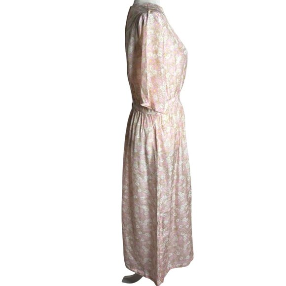 Vintage 50s Sheer Floral Day Dress Small Beige Pink Metal Zipper Short Sleeves - Picture 6 of 7